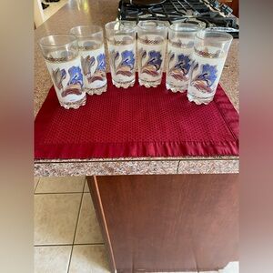 Clear Glass Tumbler with Blue Floral Design x 6